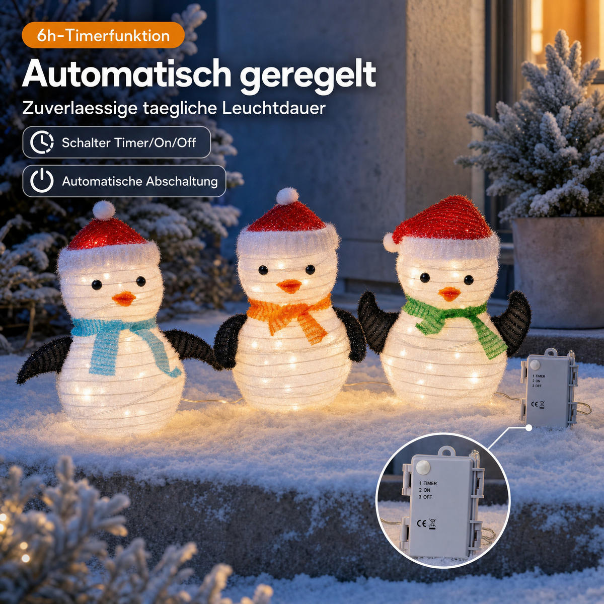 LED-PINGUIN-FIGUR - 45 Lichter mit Timer und Batteriebetrieb für winterliche Garten-Dekoration, 3er-Set - Weiß, Kunststoff (15/22/25cm) - Northpoint
