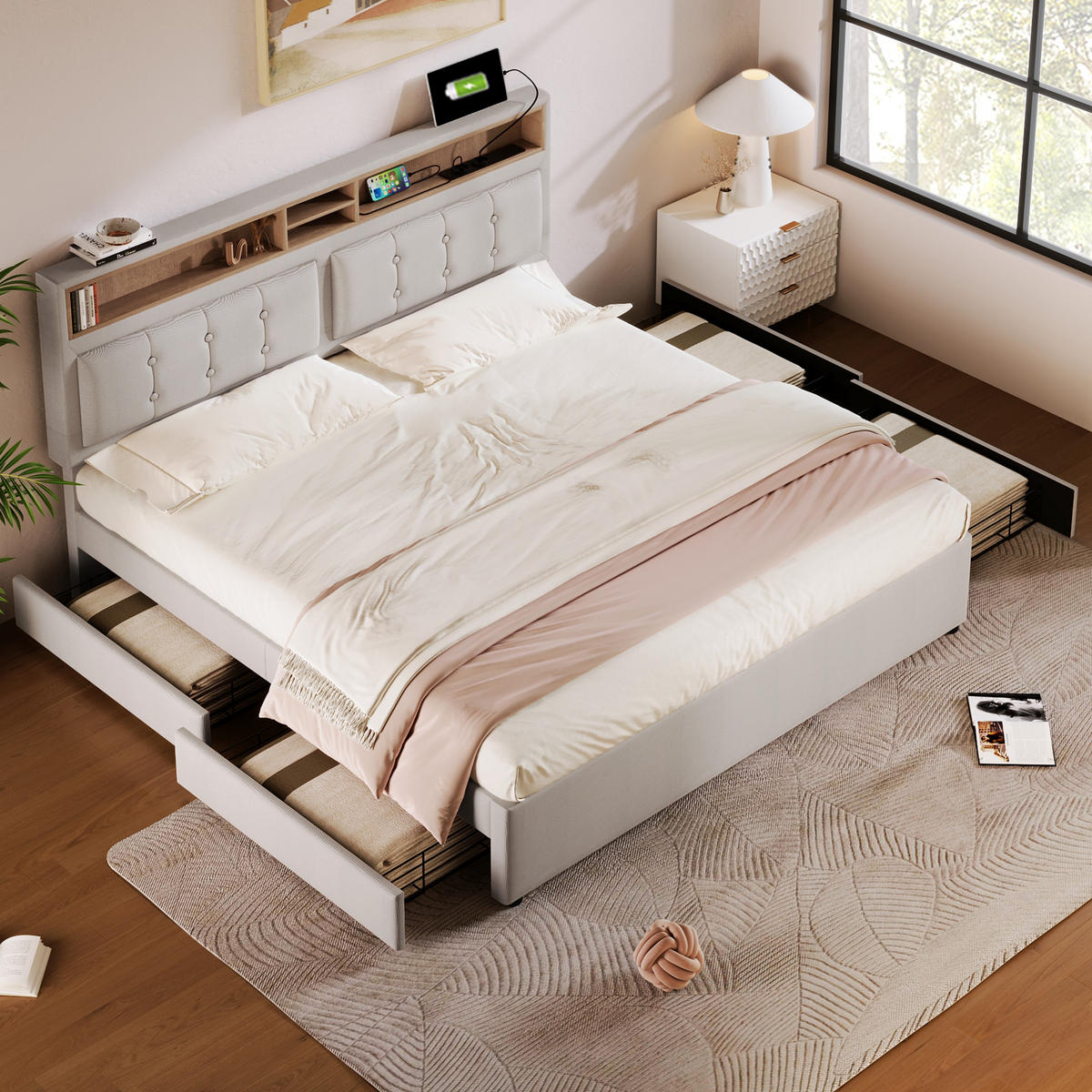 POLSTERBETT 160/200 cm beige mit verstellbarem Kopfteil und 4 Schubladen - Beige, Textil (160/200cm) - OKWISH