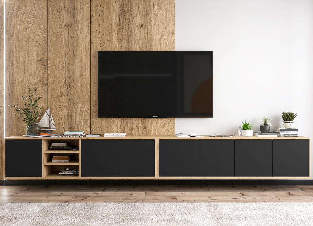 TV-LOWBOARD 2-er Set Apollo Eiche wotan Schwarz Matt 150 cm - Schwarz, Holzwerkstoff (300/39/35cm) - Meble Lindner