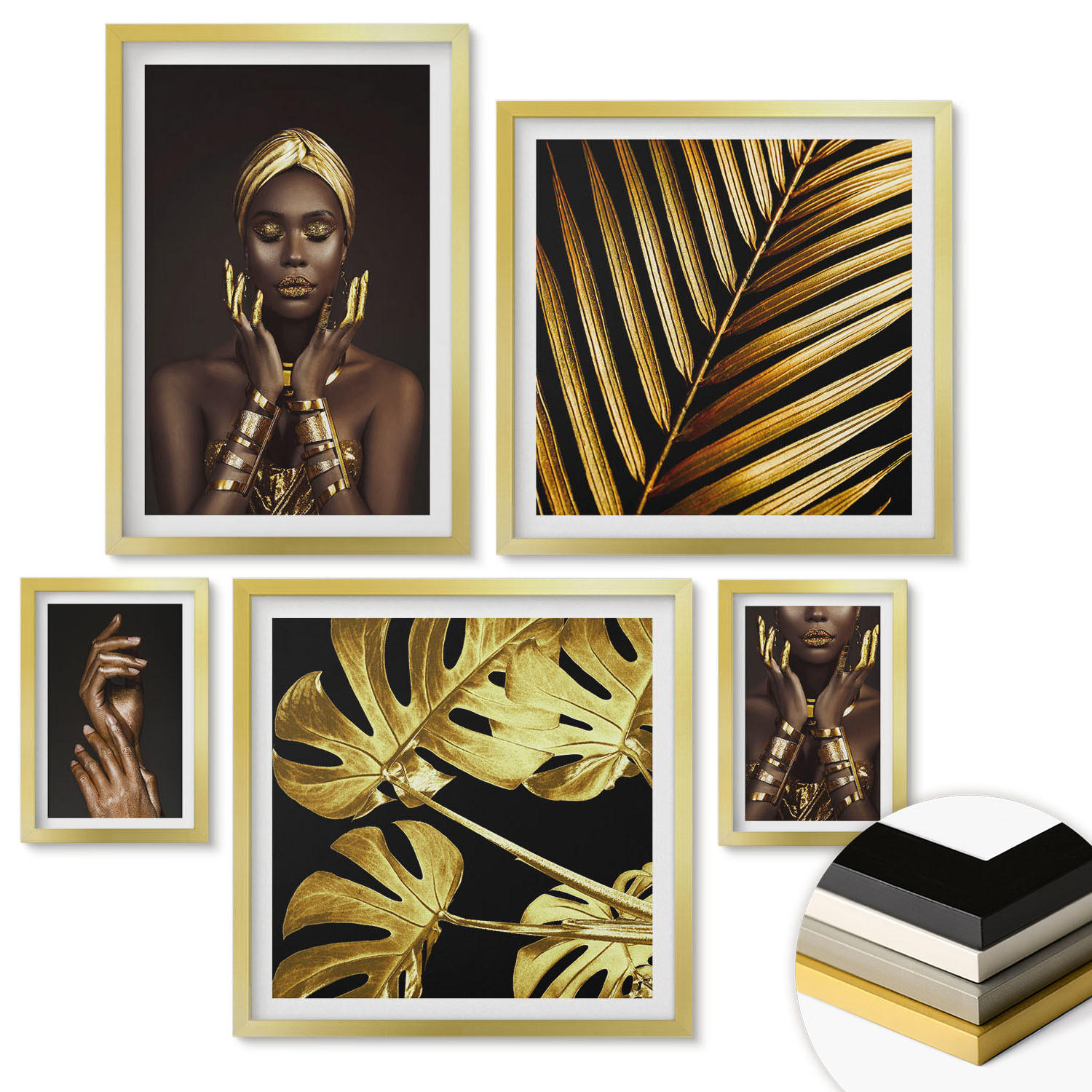 WANDBILDER 5er Set - 50x50 cm & 20x30 cm & 40x60 cm Goldrahmen - Künstlerische Porträts von Frauen - Goldfarben, Kunststoff (40/60cm) - ArtPrintCave