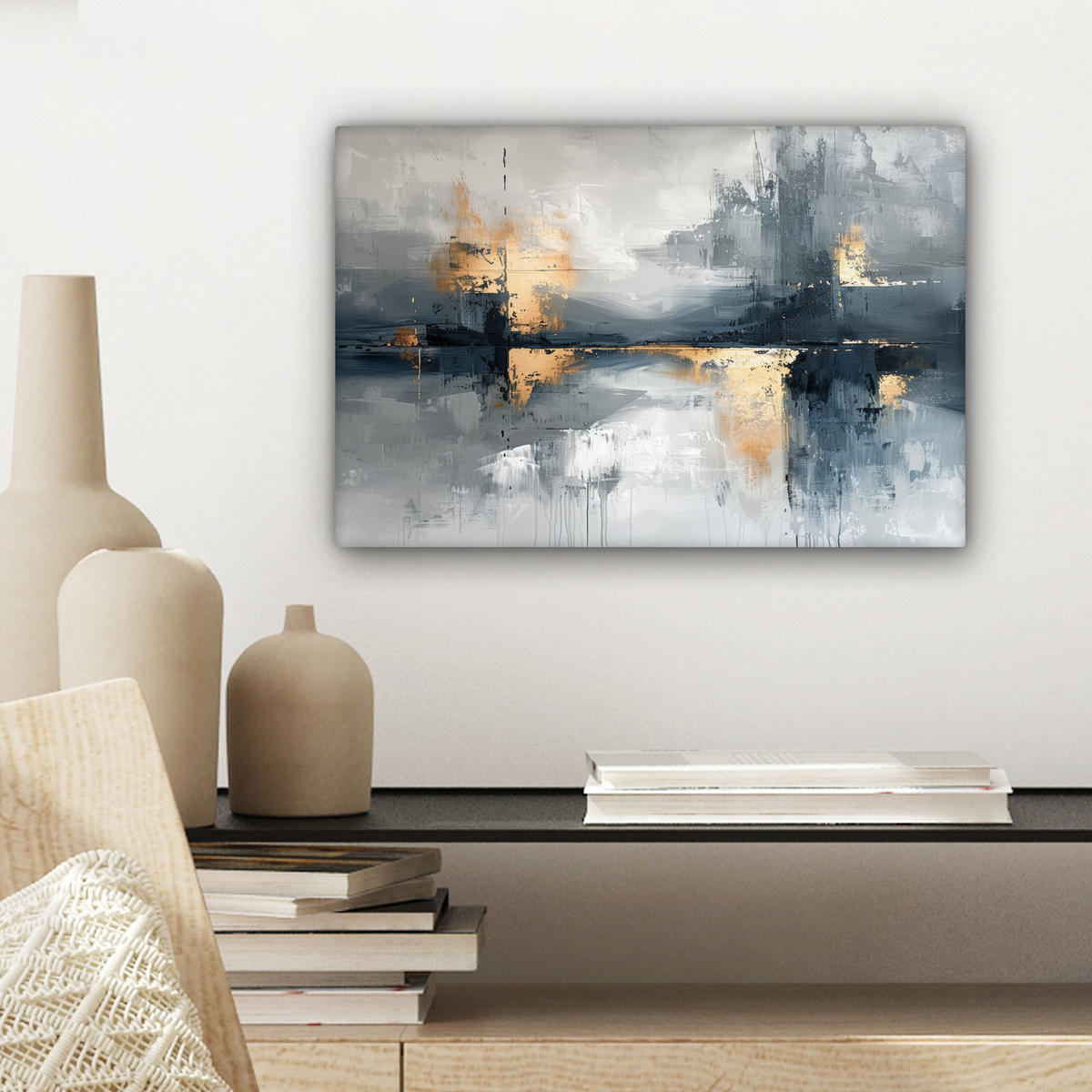 LEINWANDBILD Kunst - Grau - Gold - Abstrakt Deko Schlafzimmer 30x20 cm - Dunkelgrau, Textil (30/20cm) - MuchoWow