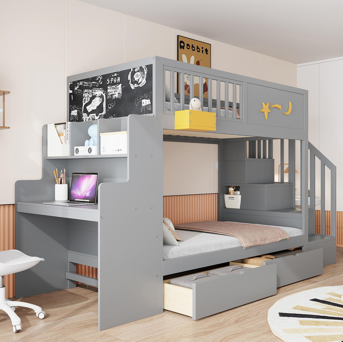 ETAGENBETT 90/200 cm grau aus Holz mit Schreibtisch - Grau, Holzwerkstoff (90/200cm) - OKWISH