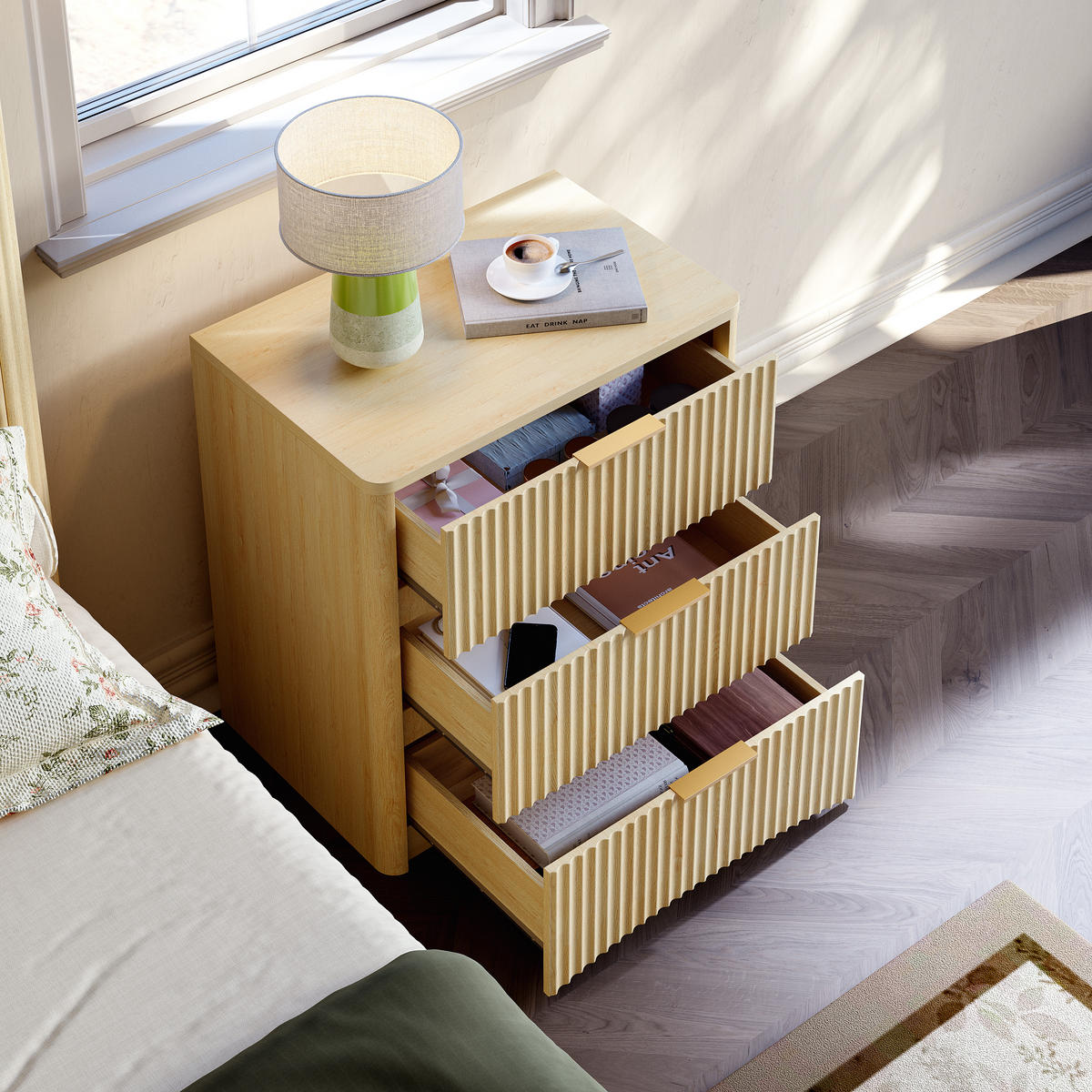 NACHTTISCH 38/58/64 cm Eiche aus MDF mit 3 Schubladen - Braun, Holzwerkstoff (38/64/58cm) - OKWISH