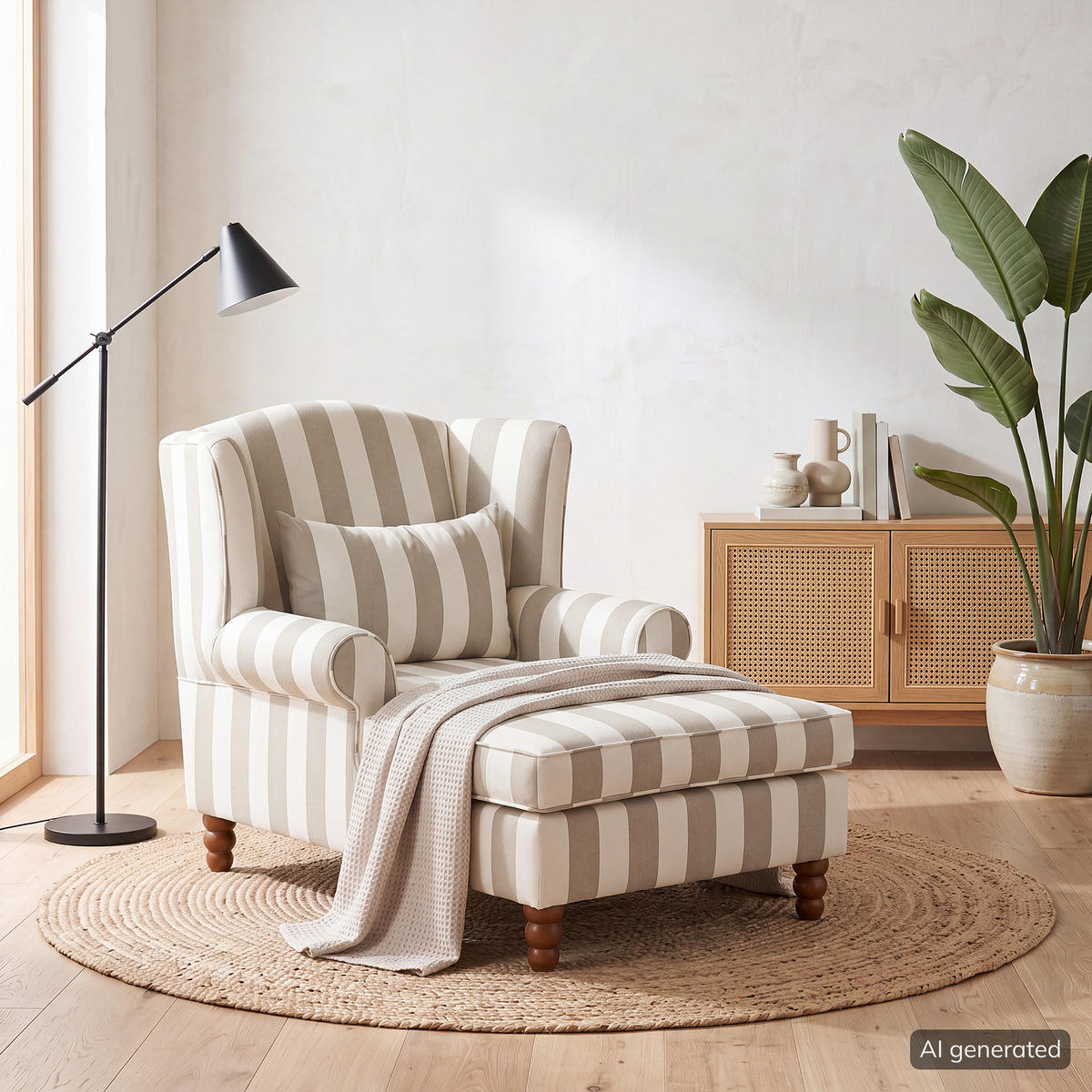 OHRENSESSEL - Webstoff - Beige/Weiß, Holz/Textil (94/95/134cm) - home24