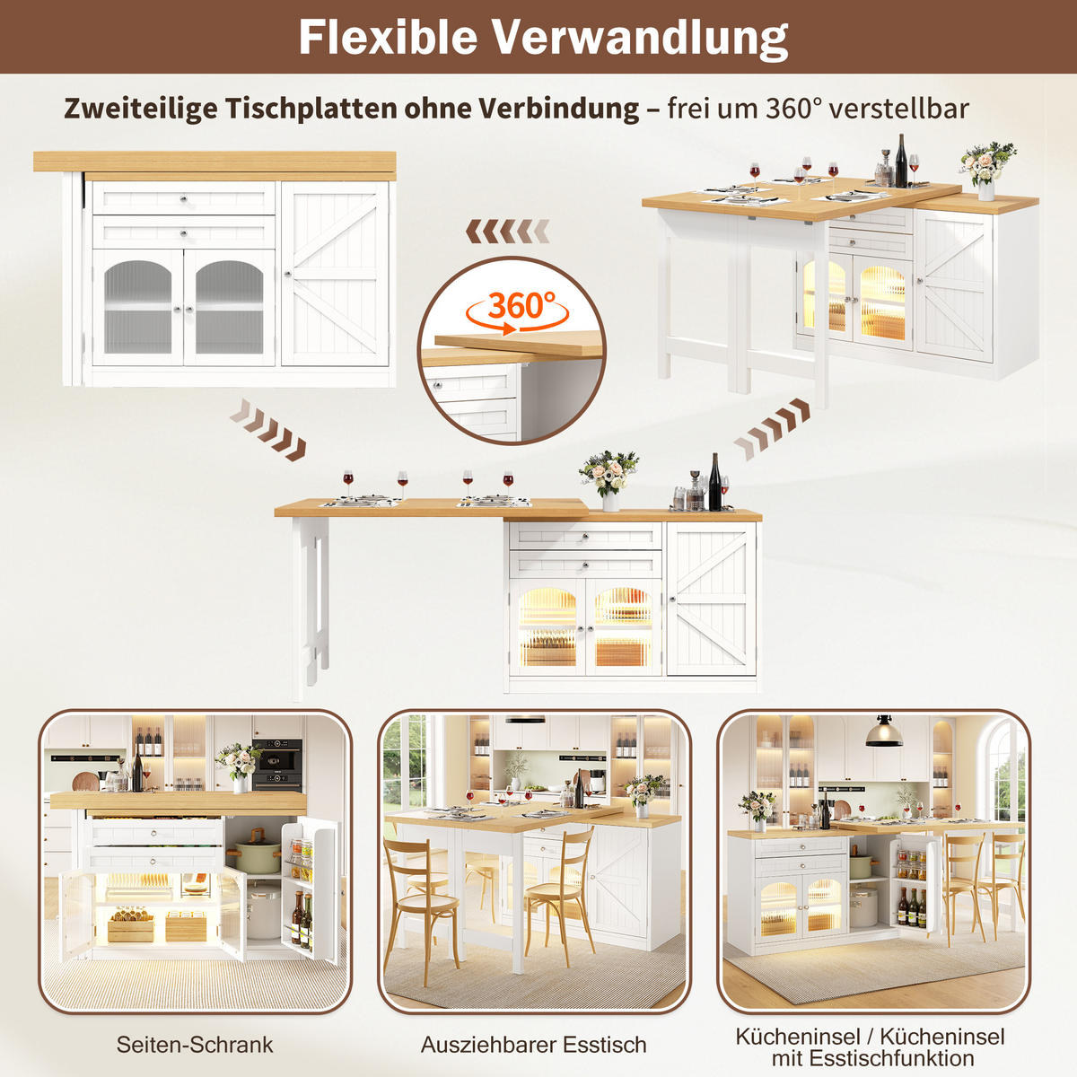 KÜCHENINSEL Ausziehbar 120 194cm 360° Drehbar Glastüren Weiß Schwarz - Weiß, Metall (120/73.5/40cm) - FLIEKS