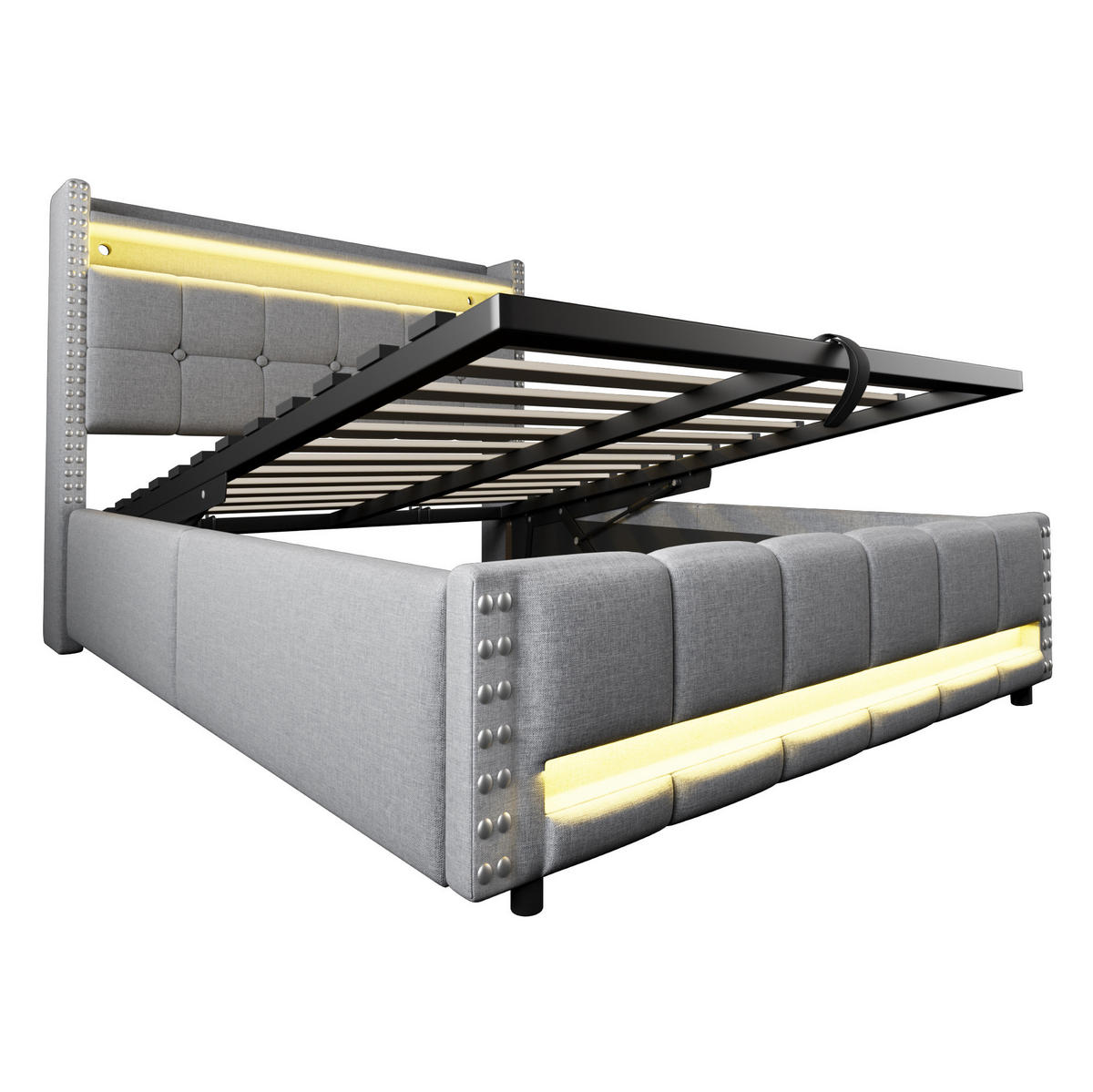 POLSTERBETT mit LED-Beleuchtung 140/200 cm mit Bettkasten und USB, Hellgrau - Hellgrau, Textil (140/200cm) - BEAOK