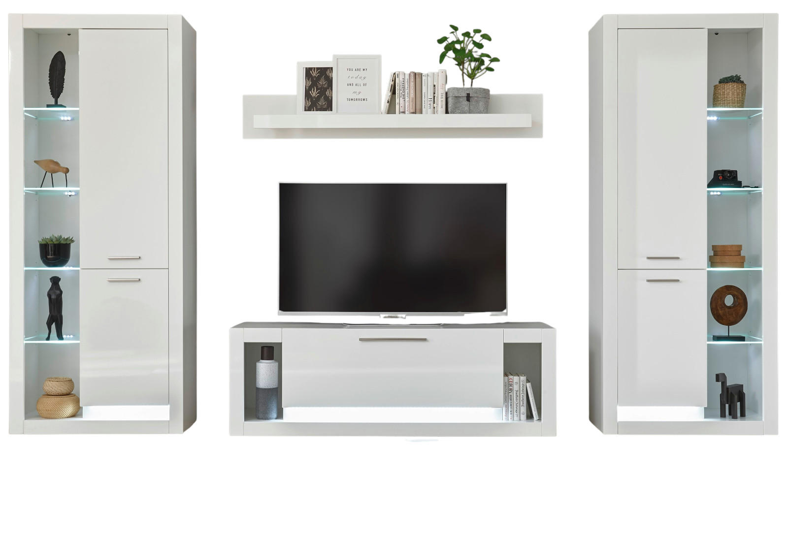 WOHNWAND weiß Hochglanz 4-teilig 350 cm, Schrankwand mit viel Stauraum - Weiß Hochglanz/Silberfarben, Glas/Holzwerkstoff (350/198/43cm) - Furn.Design