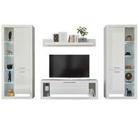 WOHNWAND weiß Hochglanz 4-teilig 350 cm, Schrankwand mit viel Stauraum - Weiß Hochglanz/Silberfarben, Glas/Holzwerkstoff (350/198/43cm) - Furn.Design