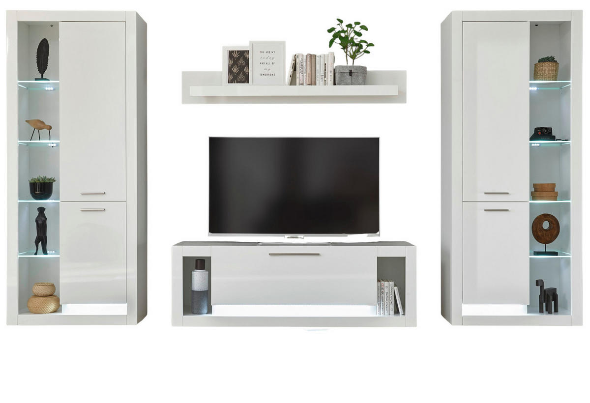 WOHNWAND weiß Hochglanz 4-teilig 350 cm, Schrankwand mit viel Stauraum - Weiß Hochglanz/Silberfarben, Glas/Holzwerkstoff (350/198/43cm) - Furn.Design