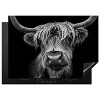 HERDABDECKPLATTE Schottischer Highlander - Hörner - Schwarz - Weiß - Kuh - Wild - Tiere Herdabdeckung Induktionsfeld 75x52 cm - Schwarz, Kunststoff (75/52/0.2cm) - MuchoWow