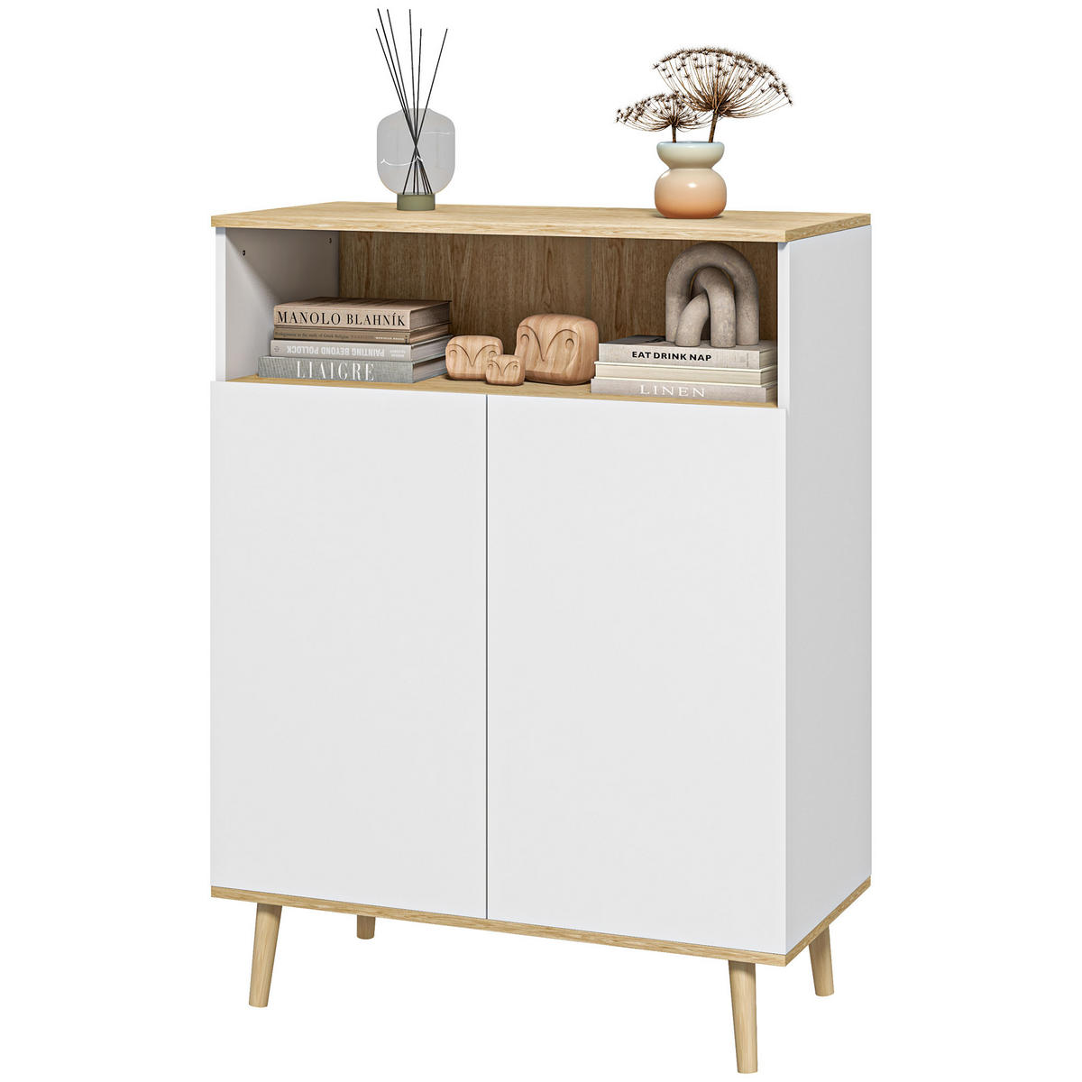 SIDEBOARD Weiß und Eiche-Nachbildung, 2 Türen, 80/38/102 cm - Weiß, Holz (80/102/38cm) - PANGIVO