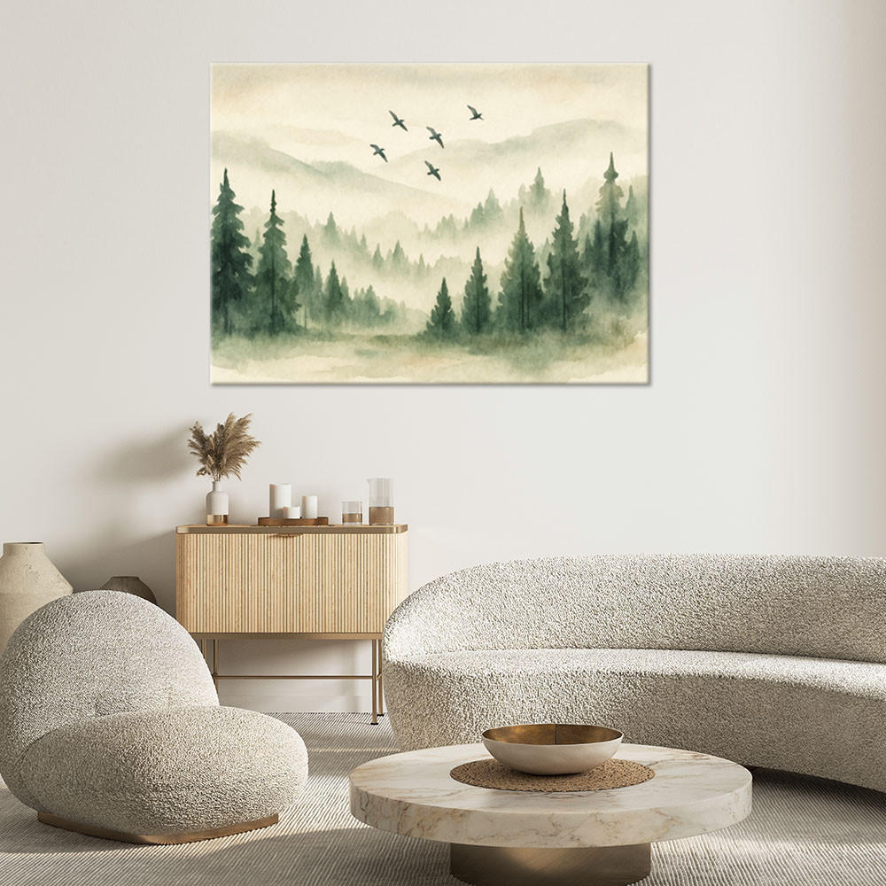 LEINWANDBILD Wald Berge Vögel Aquarell Grün Natur 90x60cm - Grün, Textil (90/60cm) - Feeby