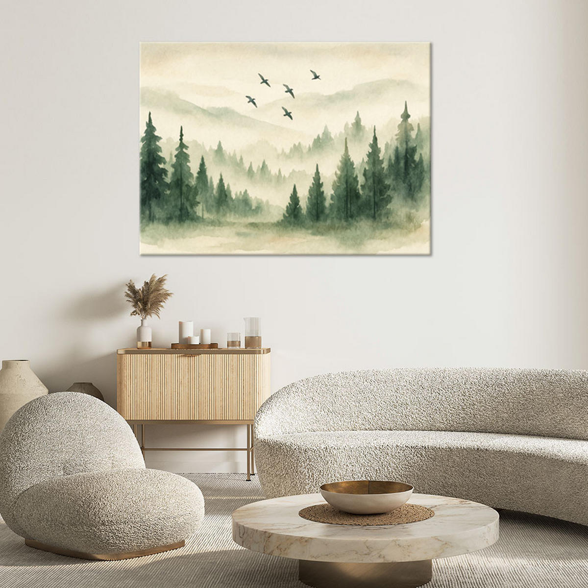 LEINWANDBILD Wald Berge Vögel Aquarell Grün Natur 90x60cm - Grün, Textil (90/60cm) - Feeby