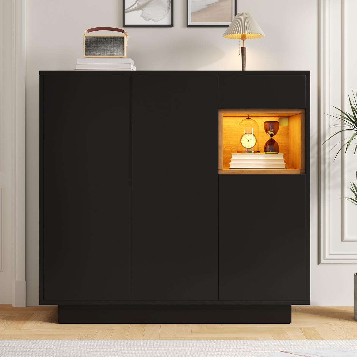 SCHUHSCHRANK in Schwarz und Naturfarben Schuhkommode mit LED-Beleuchtung für 14–18 Paar Schuhe, B105/T39.5/H100.5 cm - Schwarz/Naturfarben, Holzwerkstoff/Metall (105/100.5/39.5cm) - STILVORA