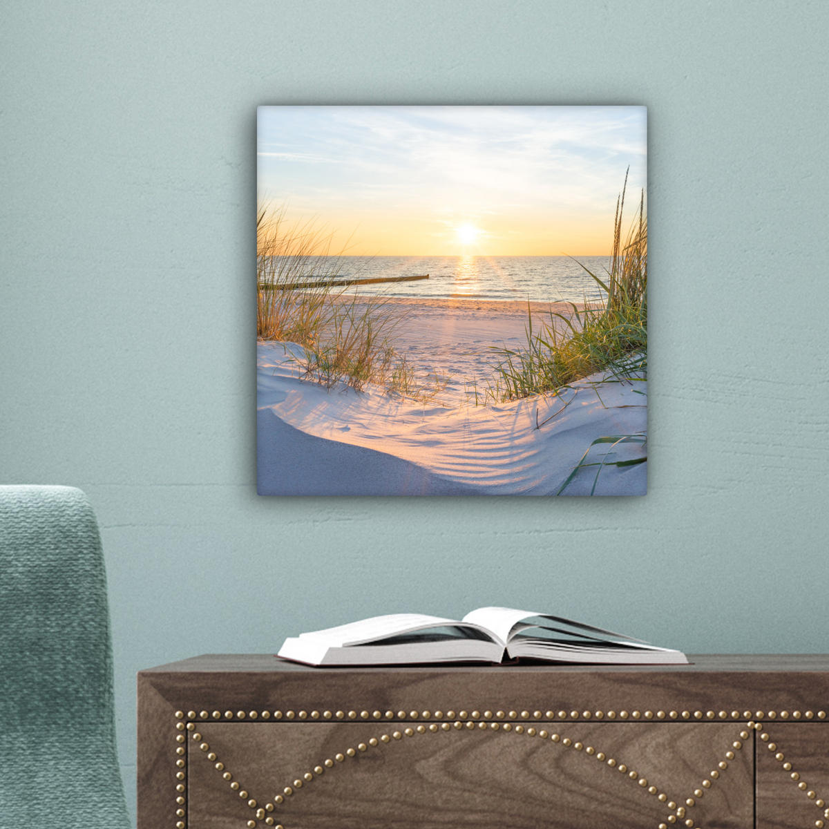 LEINWANDBILD Strand - Sonne - Düne - Gras - Sand - Horizont 20x20 cm - Hellblau, Textil (20/20cm) - MuchoWow