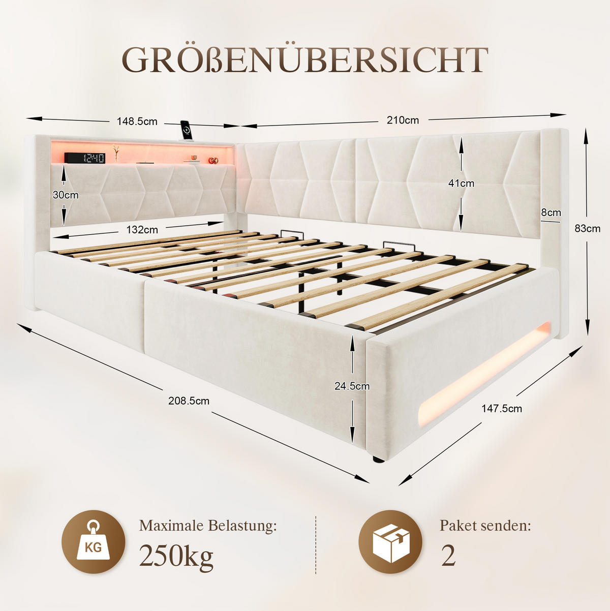 POLSTERBETT 140x200 cm in Beige mit Bettkasten, LED-Beleuchtung, USB und Type-C - Beige, Metall (140/200cm) - IVMEU