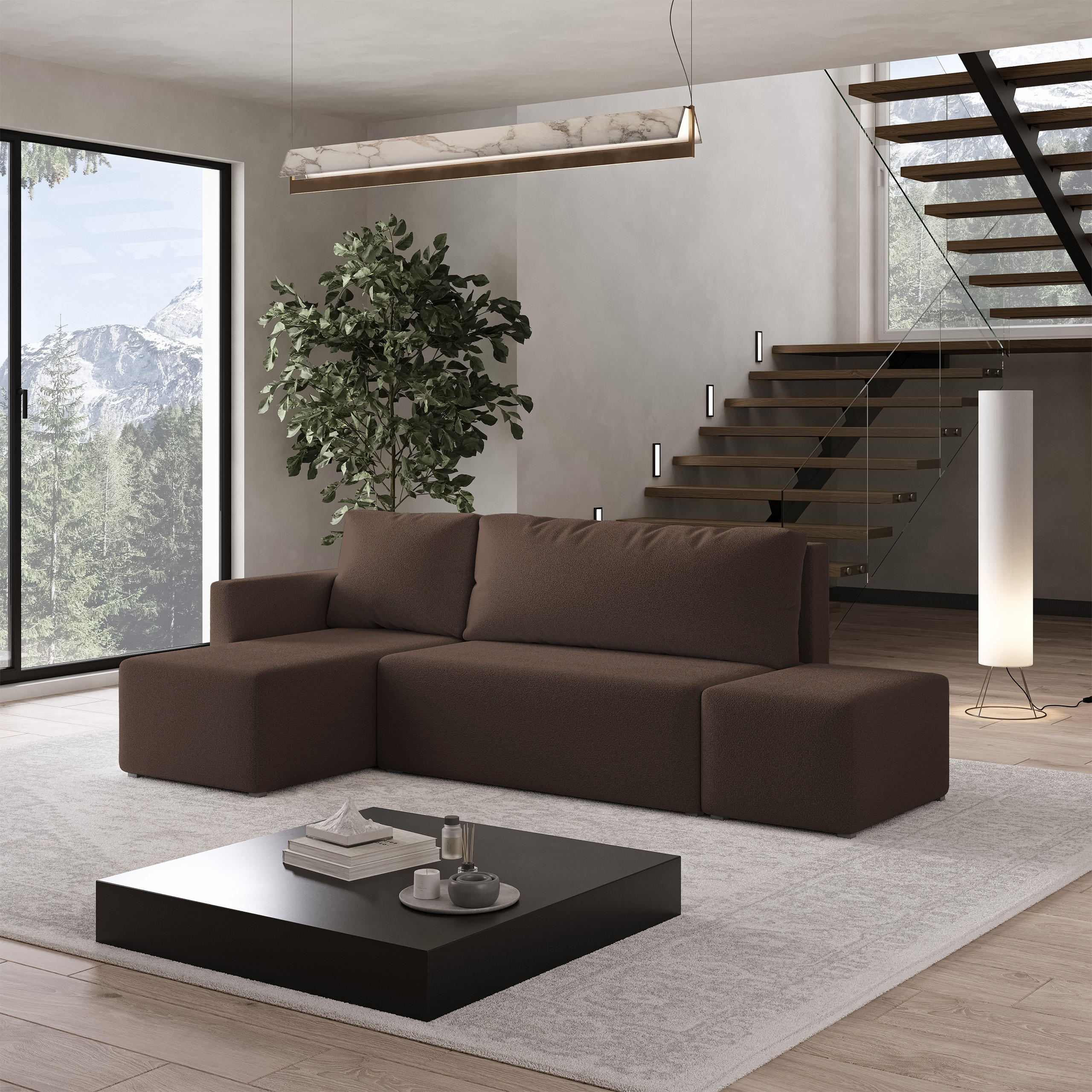 ECKSOFA VELOTTI L-S Braun Boucle-Stoff mit Schlaffunktion - Braun, Holz (261/143cm) - MASSENO