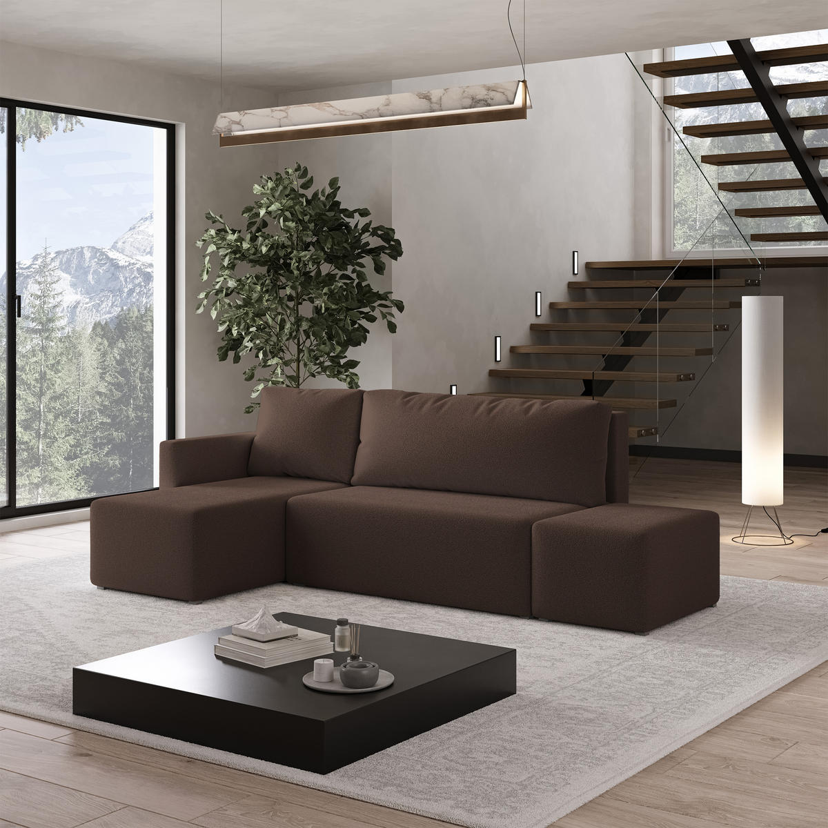 ECKSOFA VELOTTI L-S Braun Boucle-Stoff mit Schlaffunktion - Braun, Holz (261/143cm) - MASSENO