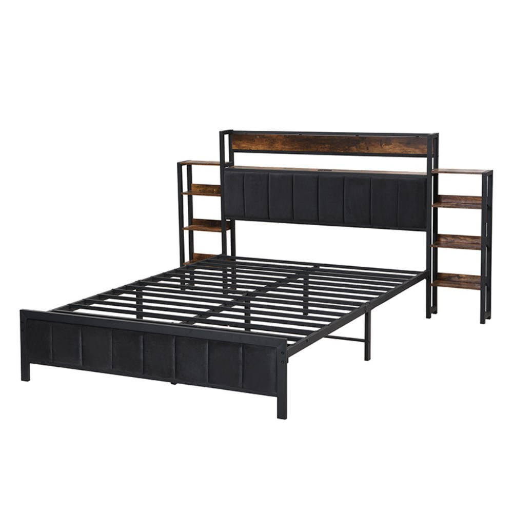 METALLBETT 140x200cm in Schwarz + Walnus，Kopfteil mit Regal - Schwarz, Metall (140/200cm) - KOMHTOM