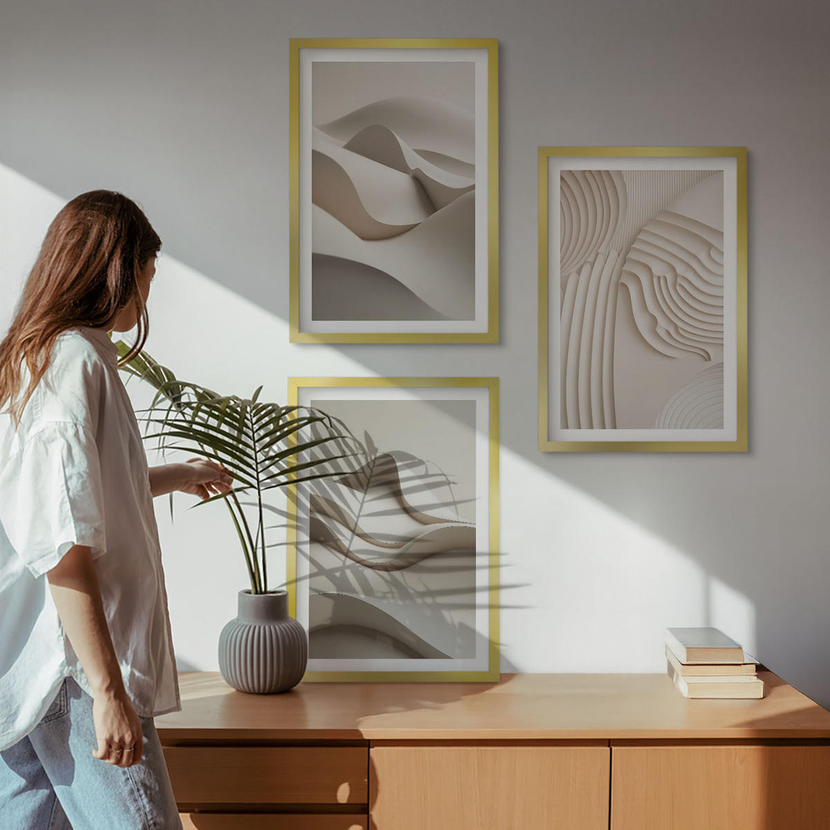 BILDER SET 3er Set - 40x60 cm Goldrahmen - Abstrakte beige Wellen - Goldfarben, Kunststoff (40/60cm) - TULUP