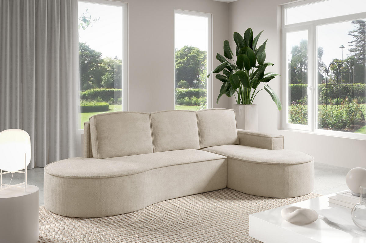 ECKSOFA MOLLY mit Schlaffunktion – Halbrund, freistehend, Liegefläche 140x207 cm, 3 Kissen, Curio-Stoff, 277x157x88 cm, Rechts, Beige - Beige, Holz/Textil (277/157cm) - DomoHome