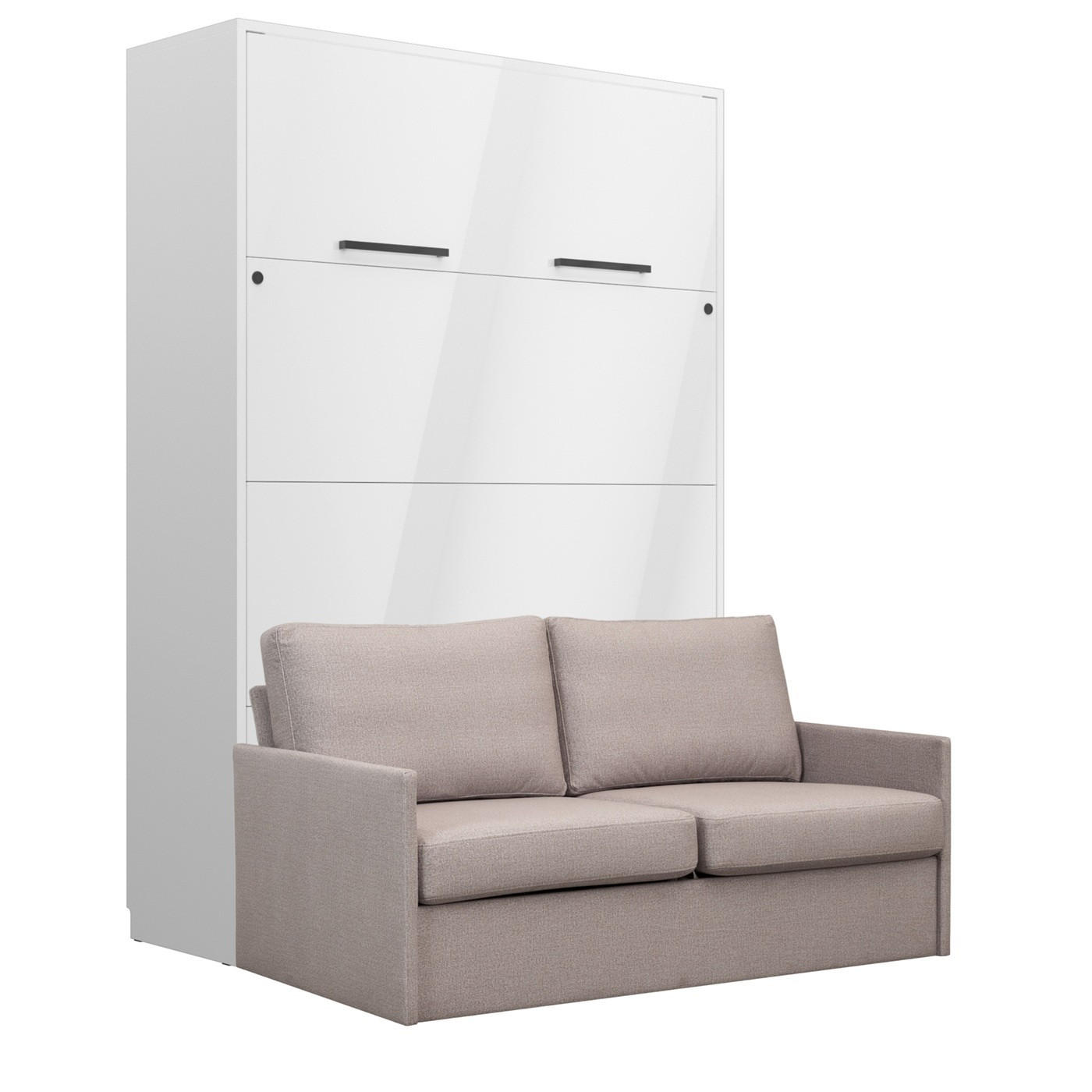 SCHRANKBETT Wandbett GN 140x200 weiß hochglanz mit LED & Sofa - Hellgrau - Weiß Hochglanz/Hellgrau, Holz/Holzwerkstoff (140/200cm) - QMM TraumMöbel
