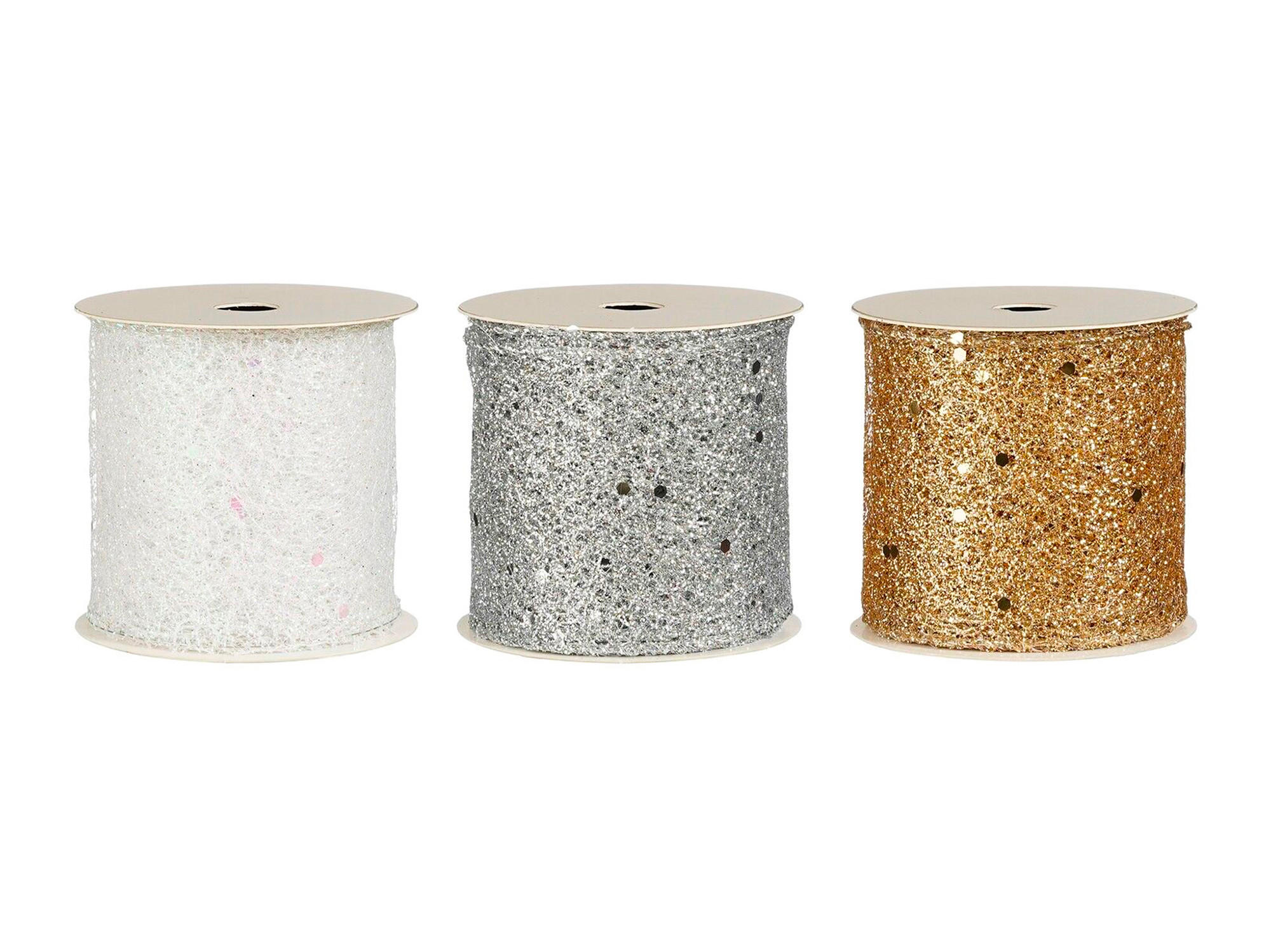 WEIHNACHTSGLITZERBÄNDER 3er-Set weiß, silber, Champagner 6,5 cm × 270 cm - Champagner/Silberfarben, Kunststoff (6.5/6.5/270cm) - LAALU