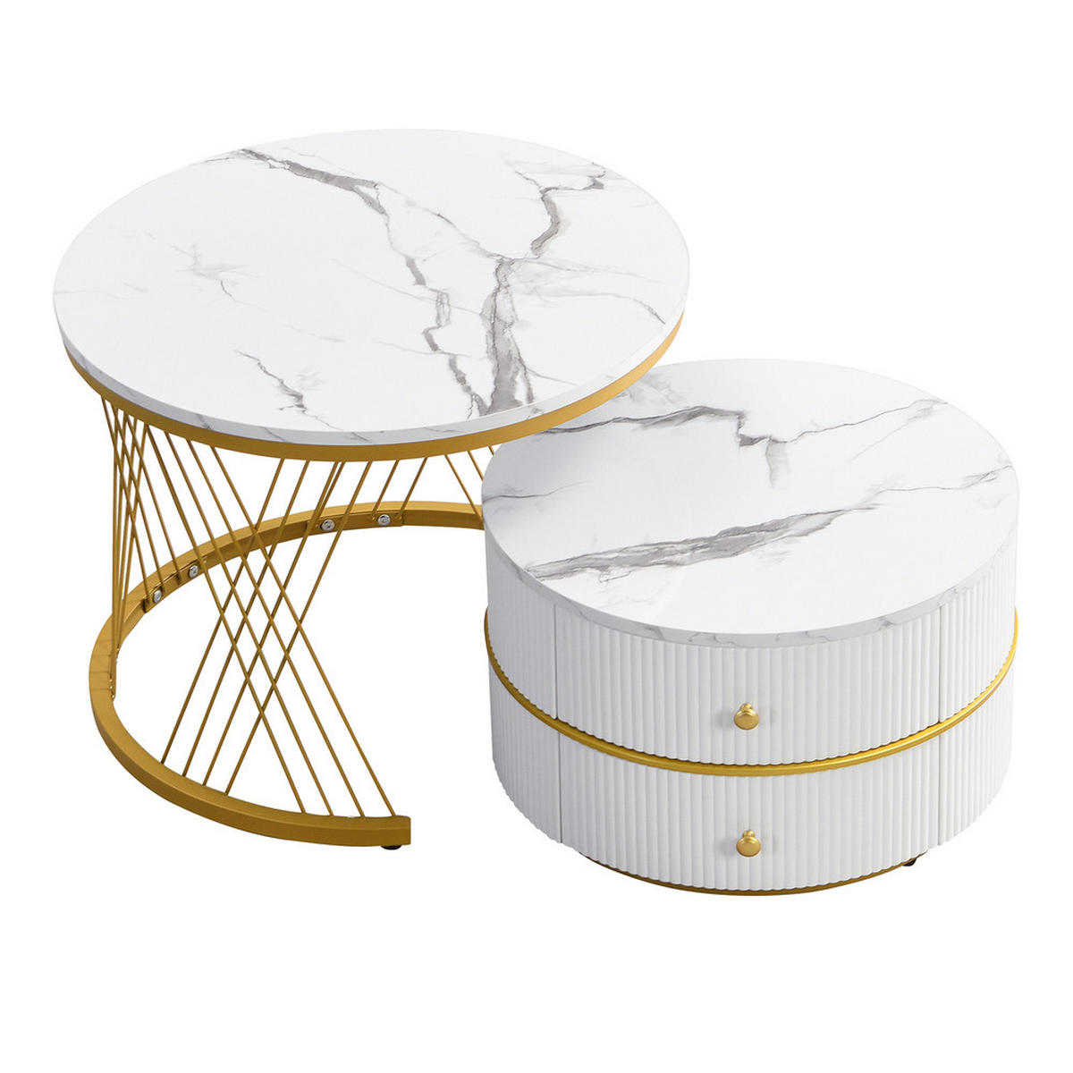 COUCHTISCH Nesting Set 2-tlg Weiß Marmoroptik Gold Beine 2 Schubladen 30kg - Weiß, Holz (68.99/68/41cm) - FLIEKS