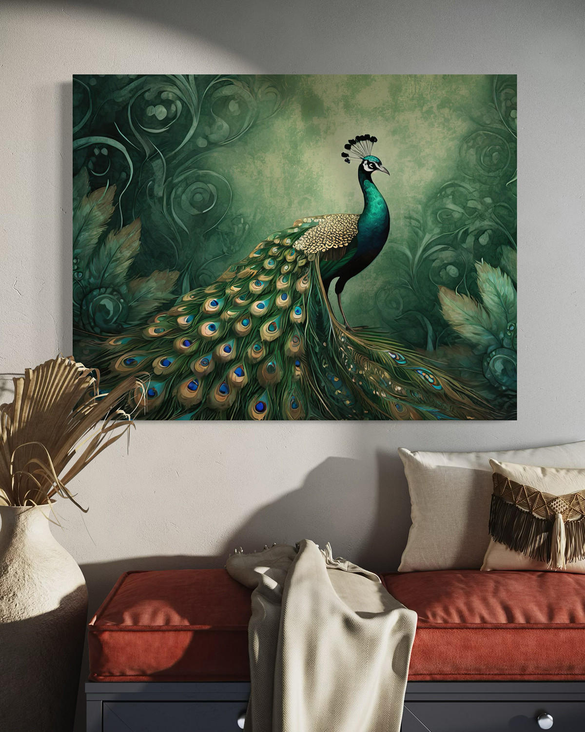 WANDBILD vogel tiere pfau - Grün, Textil (60/40cm) - Feeby