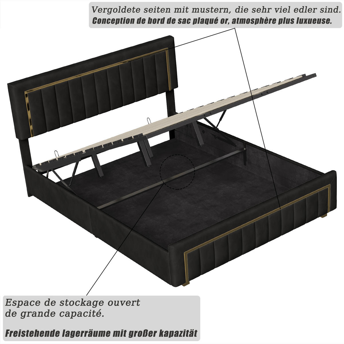 POLSTERBETT 160/200 cm, Schwarz, mit hydraulischem Stauraum, Lattenrost - Schwarz/Naturfarben, Holz/Metall (160/200cm) - FURNISHINGS HOME