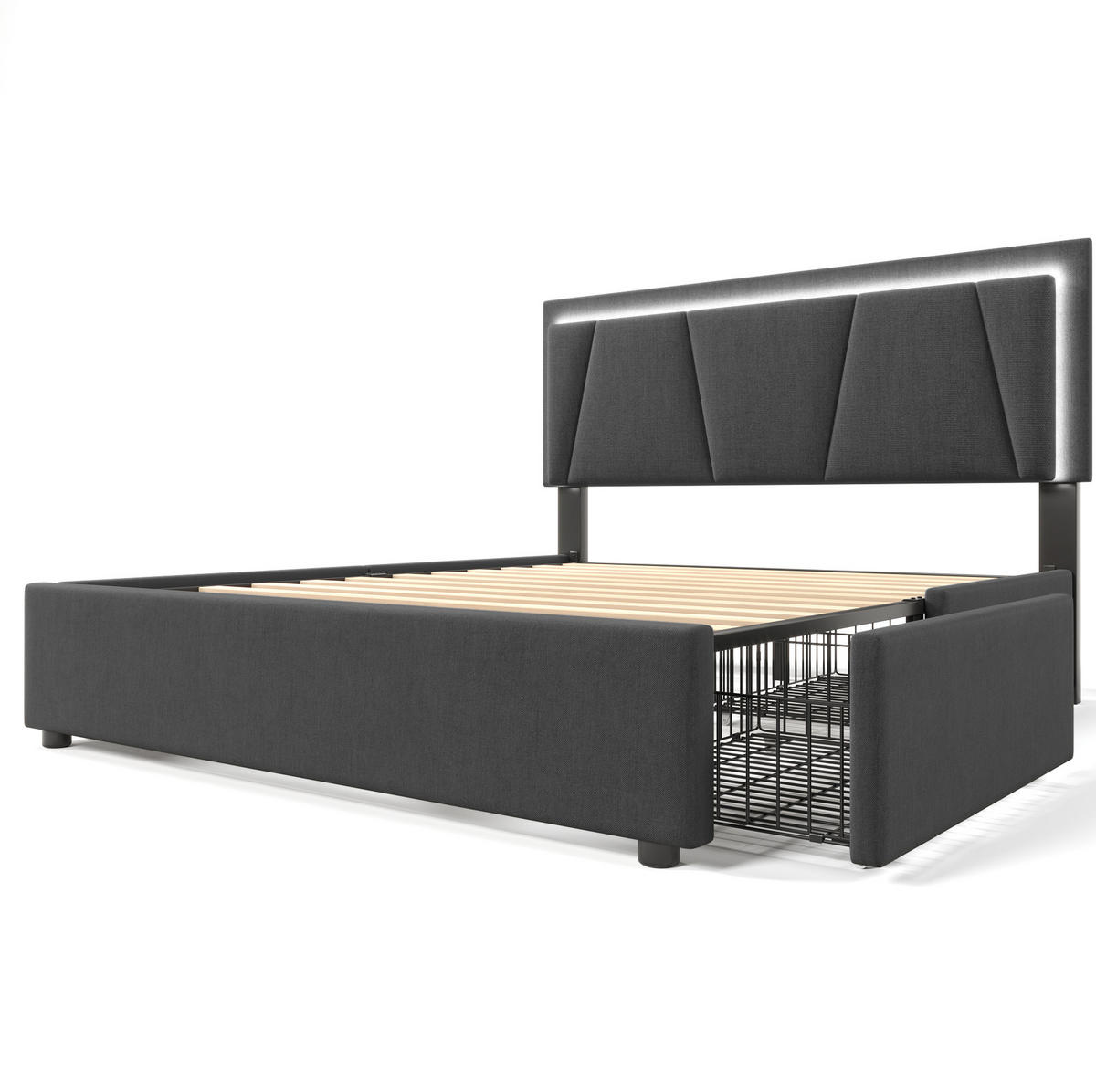 BETT mit LED und 4 Schubladen 140x200 cm Grau - Grau, Holz (140/200cm) - Meubliv