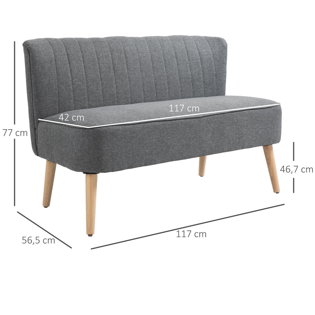 SOFA 2-Sitzer Couch Stoffsofa Sitzmöbel Polstersofa Loungesofa breit Hellgrau - Hellgrau/Naturfarben, Holz/Textil (56.5/77/117cm) - HOMCOM