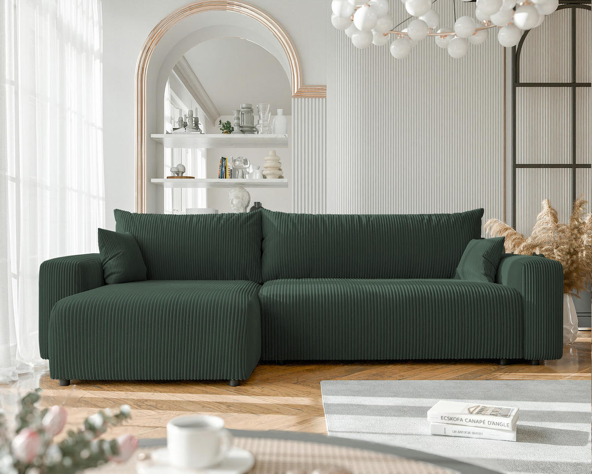 ECKSOFA mit Schlaffunktion und Bettkasten, Grün - Grün, Holzwerkstoff/Textil (145/278cm) - Idohome
