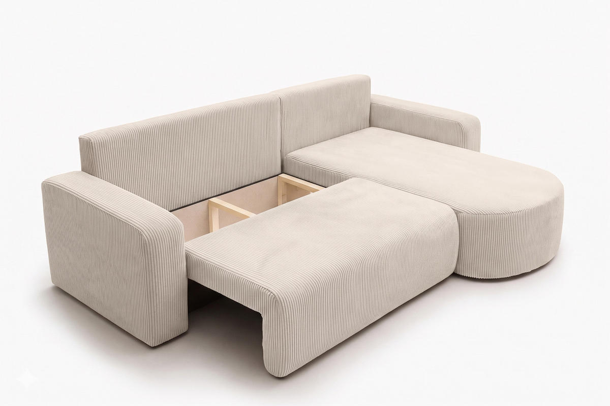 ECKSOFA Mit Schlaffunktion, Cordstoff Poso, Beige, Rechts, ROUND ONE XL - Creme, Holz (271/175cm) - Kaiser Möbel
