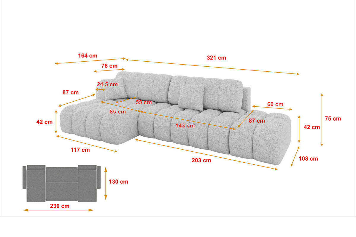 ECKSOFA mit Schlaffunktion Ottomane Links OLEA-L2 321x164x75 Grau Tissu - Graphitfarben/Schwarz, Holzwerkstoff/Kunststoff (321/164cm) - ALTDECOR