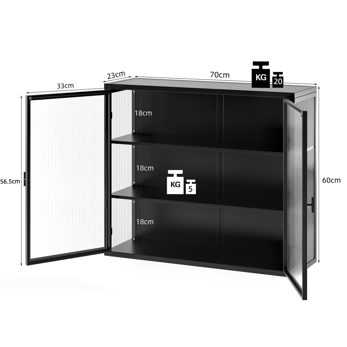 BAD-WANDSCHRANK Schwarz, 2 Glastüren & 3 Ablagen, 70 x 23 x 60 cm - Schwarz, Metall (70/60/23cm) - Urban Meuble