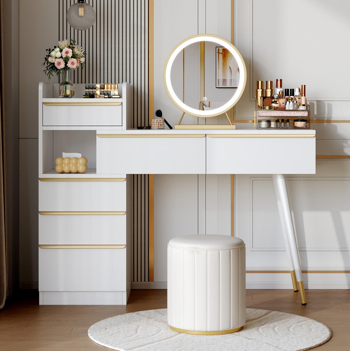 SCHMINKTISCH 100/41,5/102 cm in Weiß mit LED-Spiegel und 6 Schubladen - Weiß, Holzwerkstoff (41.5/102/100cm) - Flora Grace
