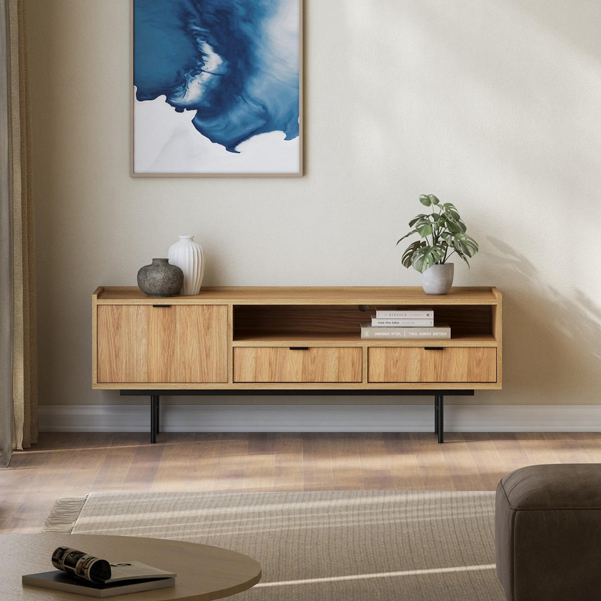 LOWBOARD Evron mit 2 Schubalden und 1 Tür, Walnuss - Eichefarben/Schwarz, Holzwerkstoff/Metall (150/55/40cm) - Beautysofa