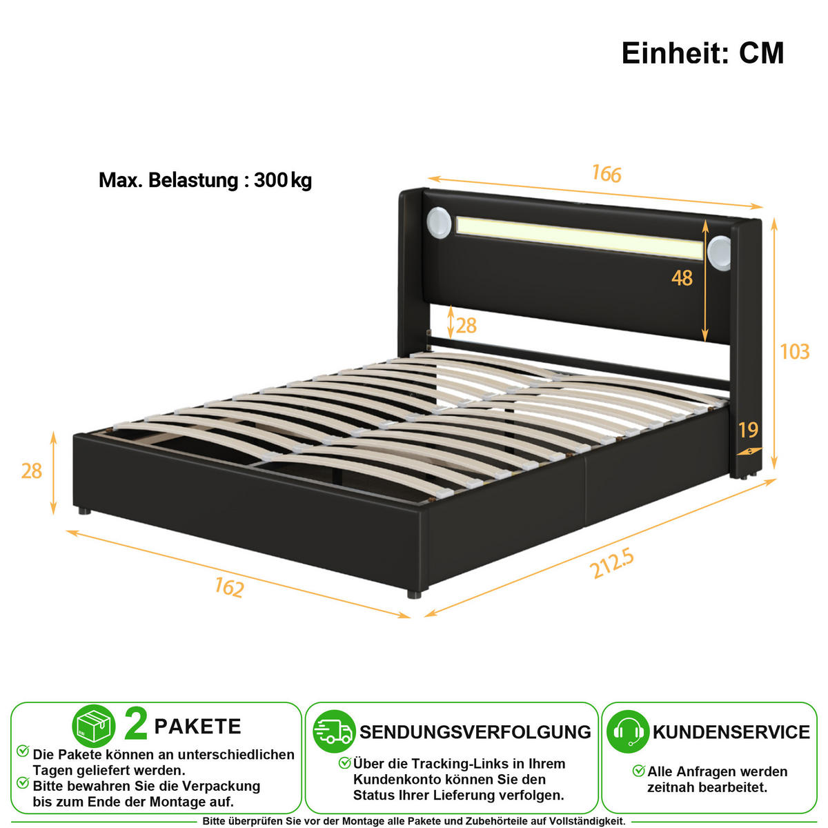 POLSTERBETT 160/200 cm in Schwarz mit Bettkasten, LED und USB Kunstleder - Schwarz, Holzwerkstoff/Textil (160/200cm) - CHICFURN