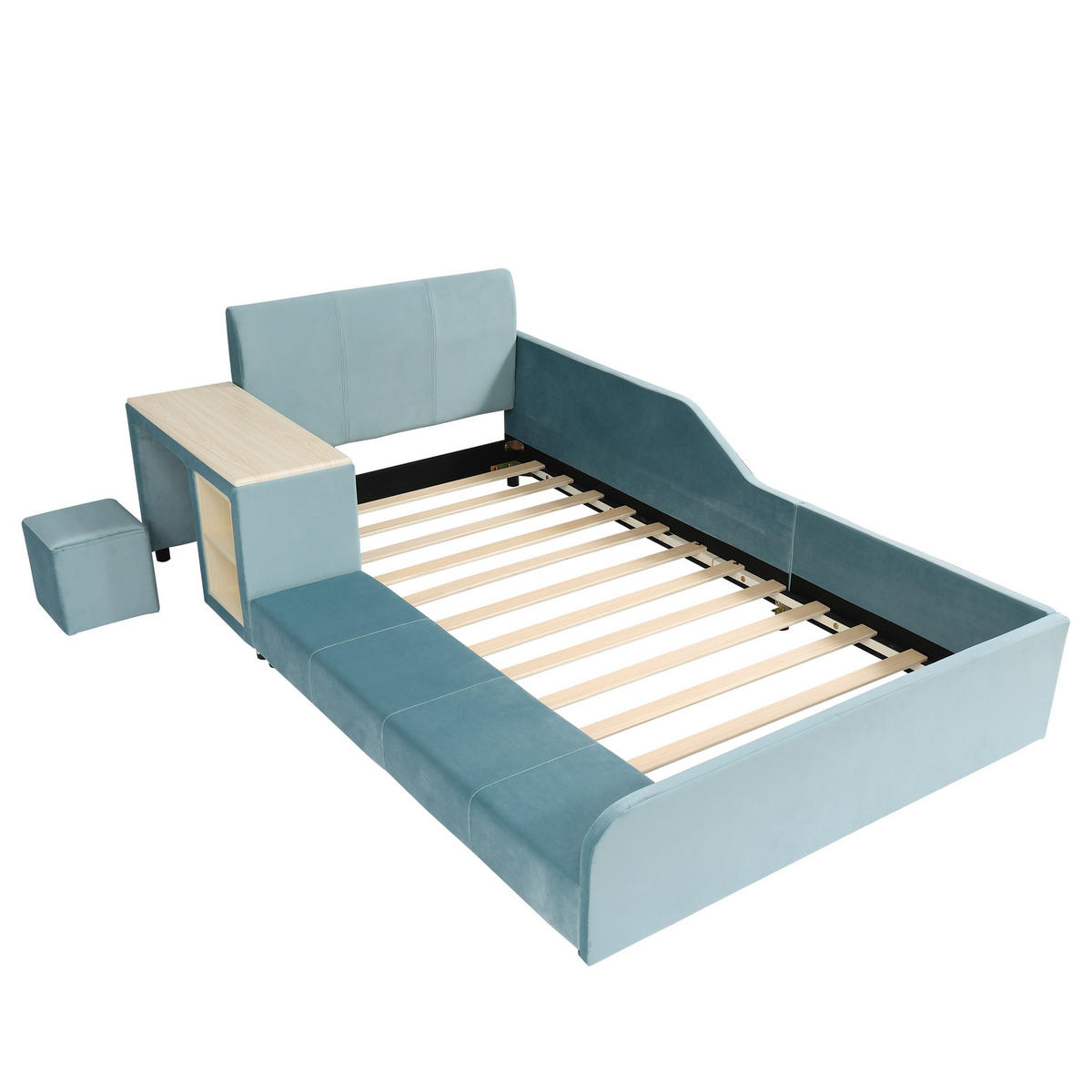 POLSTERBETT 90/200 cm in Blau & Natur mit Schreibtisch, Hocker und Ablage Samt - Blau, Holzwerkstoff/Textil (90/200cm) - CHICFURN
