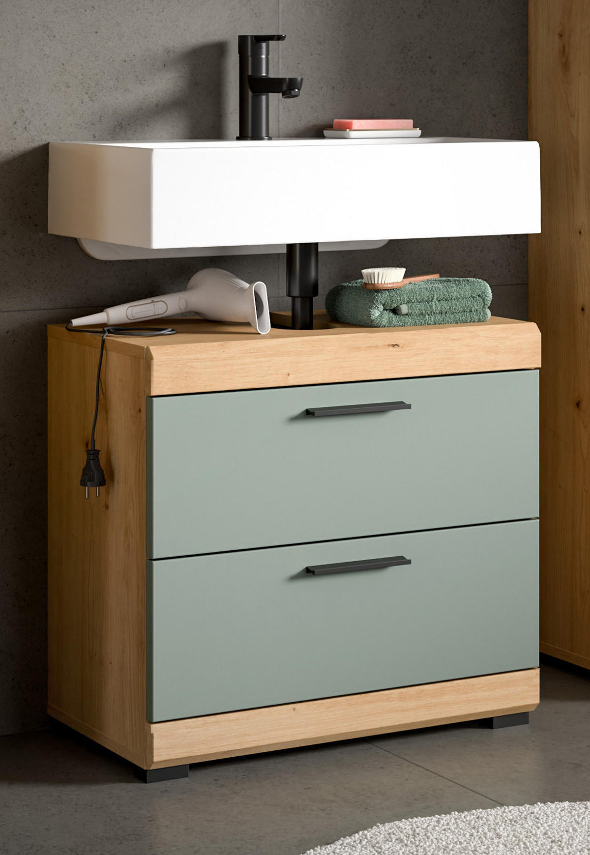 WASCHBECKENUNTERSCHRANK Salbei grün, Eiche Artisan 60 cm mit Schubkästen - Salbeigrün/Schwarz, Holzwerkstoff/Kunststoff (60/56/37cm) - Inn.Furn