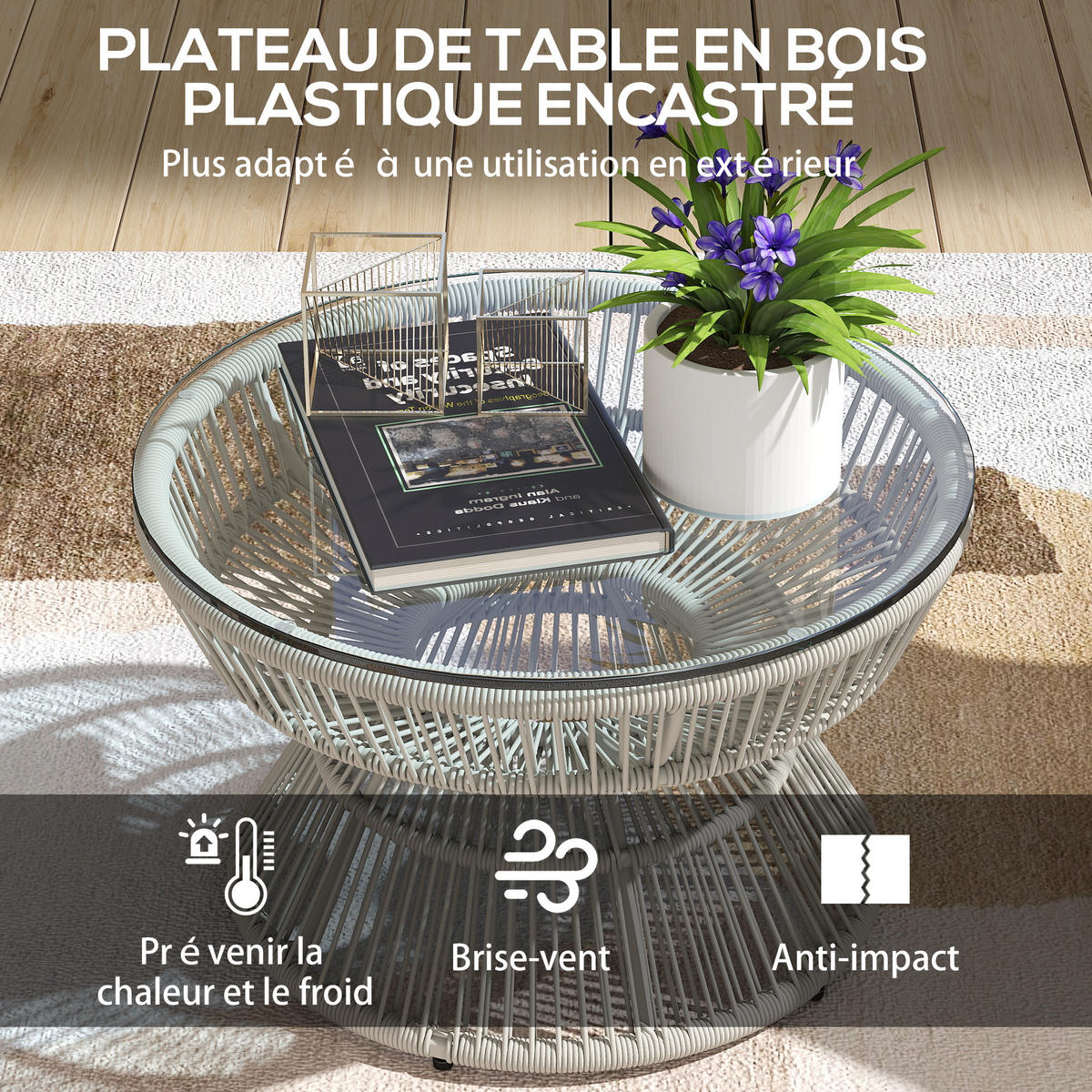 GARTENBEISTELLTISCH DE-13612 rund mit Glasplatte Natur - Hellgrau, Kunststoff/Metall (60/60/37cm) - ComfortXL