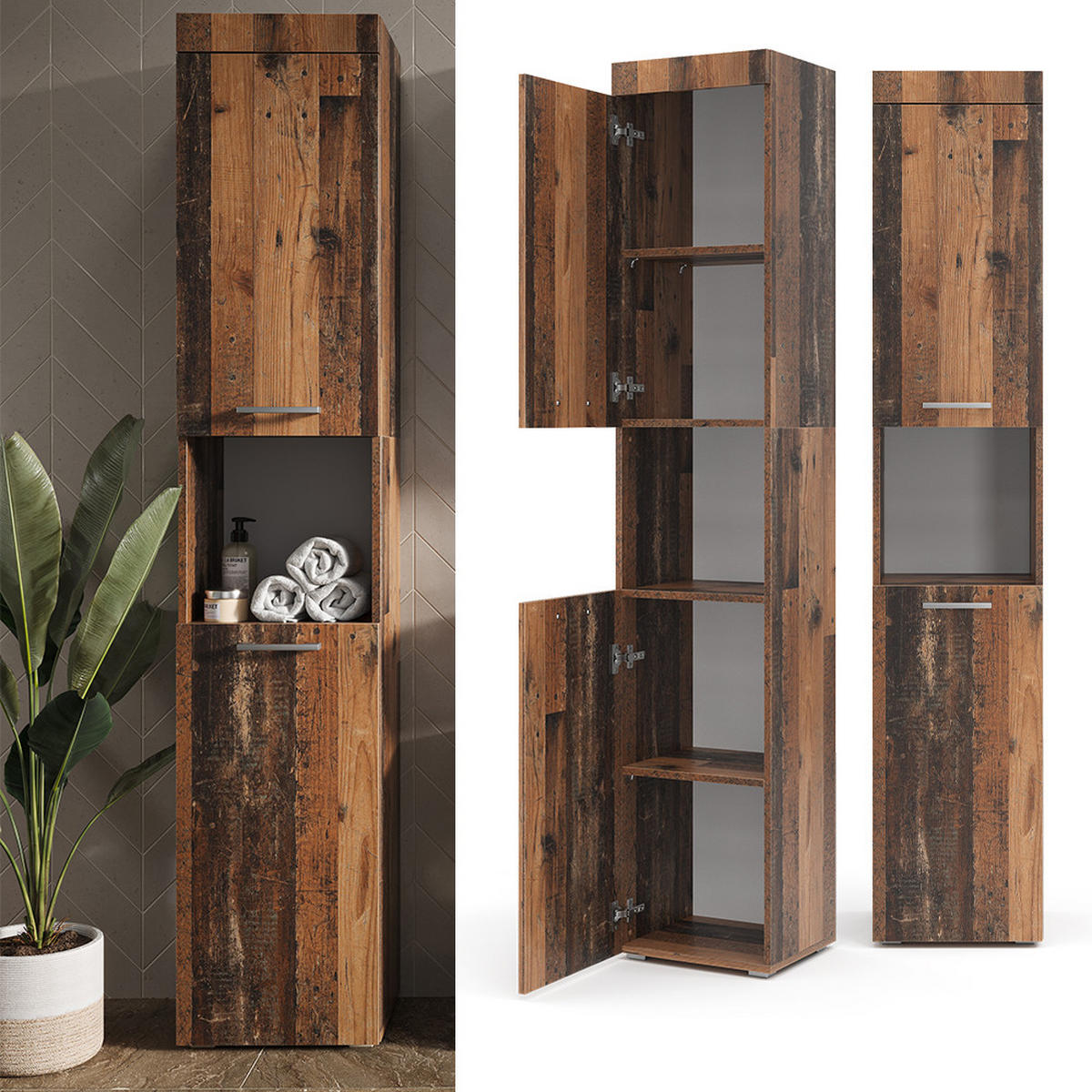 BADSCHRANK Luna Oldstyle 37 x 190 cm - Braun, Holzwerkstoff (37/190/32.6cm) - Vicco