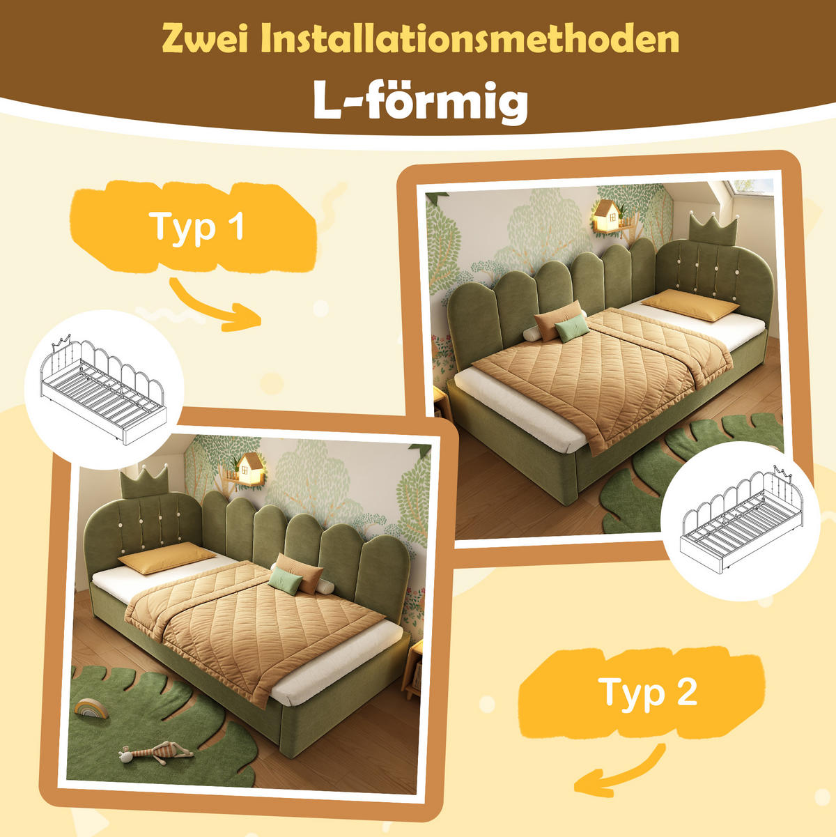KINDERBETT aus Samt 90x200 cm Grün mit Ausziehbett und Kronen-Gitterdesign - Grün, Textil (90/200cm) - Modfu