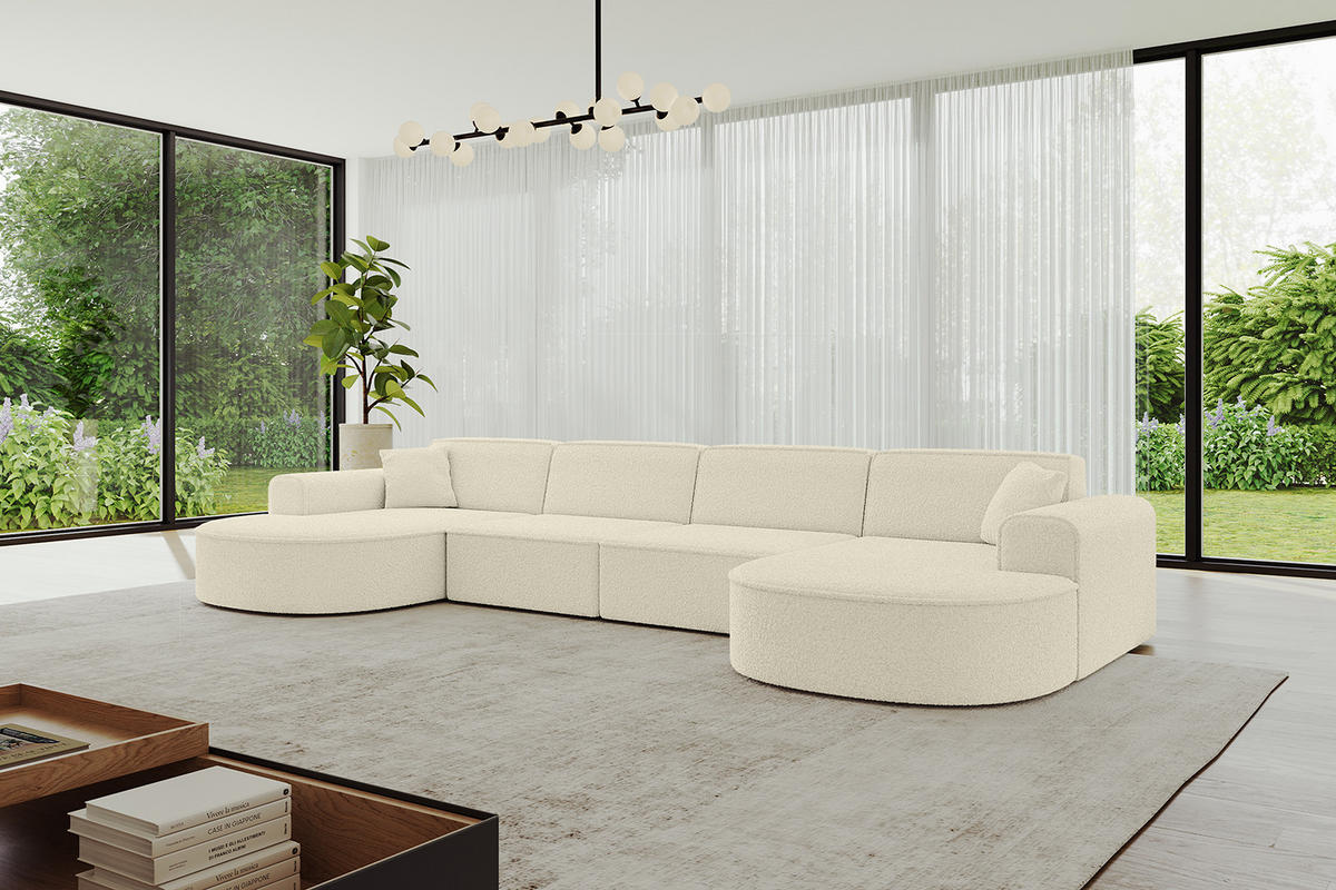 WOHNLANDSCHAFT MARI-U2 - 380x163x73,5 cm Beige Bouclé - Beige/Schwarz, Holzwerkstoff/Kunststoff (380/73.5/163cm) - ALTDECOR