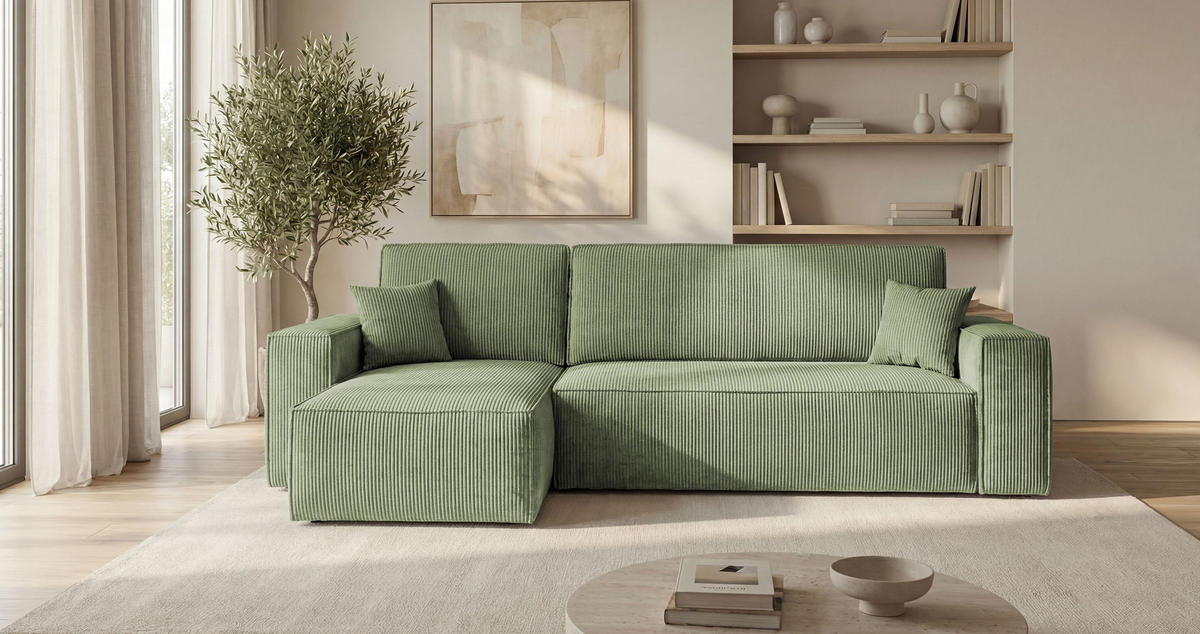 ROHOVÁ pohovka CALIFORNIA MINI levá světle zelená manšestr Poso 47 - funkce spaní, úložný prostor - světle zelená, textil (245/140cm) - Cornero