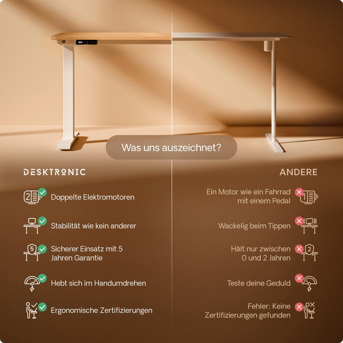 SCHREIBTISCH Elektrisch Höhenverstellbarer HomeOne 160x80cm Weiß/Eiche mit Memory-Funktion, Anti-Kollisions Technologie - Eichefarben/Weiß, Holzwerkstoff (80/160/72cm) - Desktronic