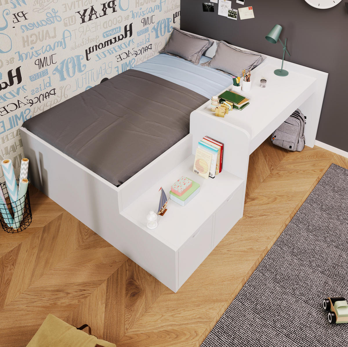 KINDERBETT 90/200 cm in Weiß mit Schreibtisch und 2 Schubladen - Weiß, Holzwerkstoff (90/200cm) - BEAOK