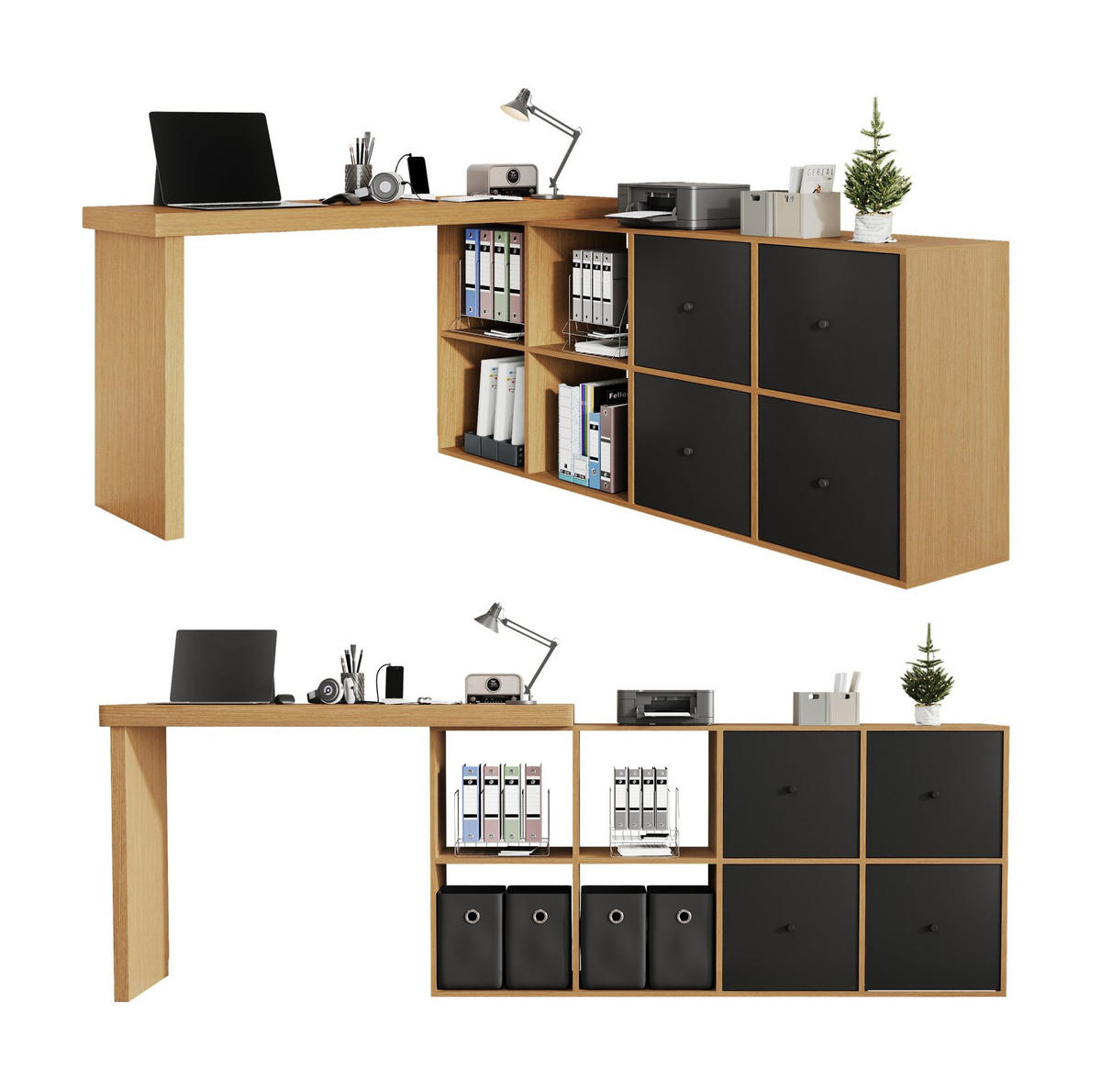 PSACÍ stůl, otočný 360°, 120/48/78 + 140/35/74 cm, MDF černá/dub - barva dubu, kompozitní dřevo (140/74/35cm) - BEAOK
