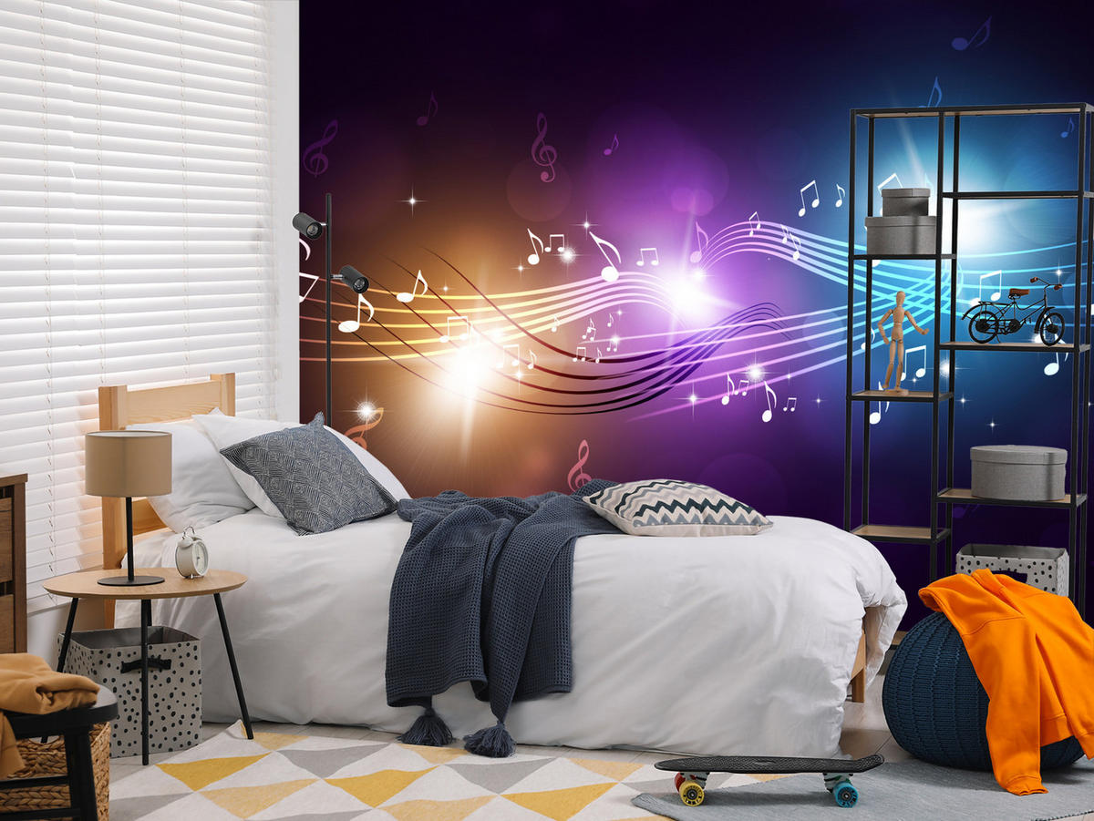 FOTOTAPETE für Jugendzimmer Noten Buntes Hintergrund Musik 500x350 - Blau/Gelb, Papier (500/350cm) - Muralo